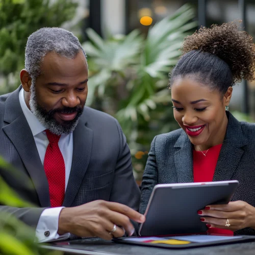man-woman-are-looking-tablet-with-man-suit-tie