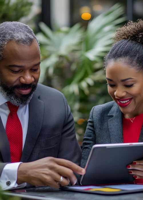 man-woman-are-looking-tablet-with-man-suit-tie